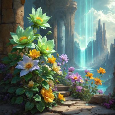 Primary subject: A beautiful garden with a variety of flowers, including yellow and purple ones, and green plants.

Setting/background: The garden is situated in front of a castle, creating a picturesque and magical atmosphere.

Visual style: The image is a digital artwork, showcasing the artist's creativity and attention to detail.

Colors and mood: The dominant colors are yellow, purple, and green, which evoke a sense of warmth, magic, and tranquility